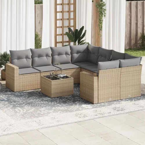  9 részes bézs polyrattan kerti ülőgarnitúra párnákkal
