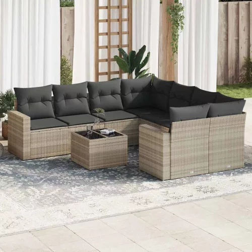  9 részes világosszürke polyrattan kerti ülőgarnitúra párnával