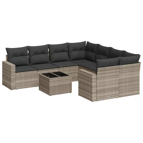  9 részes világosszürke polyrattan kerti ülőgarnitúra párnával