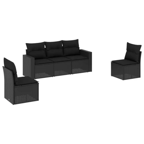  5 részes fekete polyrattan kerti kanapészett párnákkal