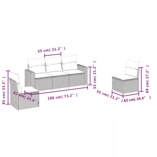  5 részes fekete polyrattan kerti kanapészett párnákkal