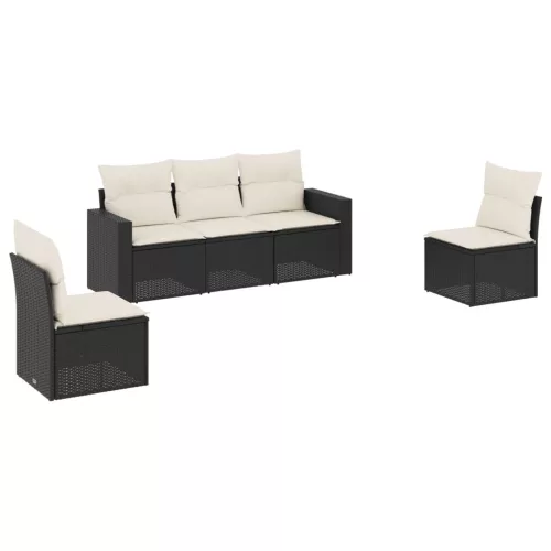  5 részes fekete polyrattan kerti kanapészett párnákkal