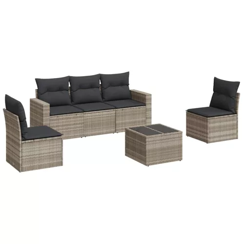  6 részes világosszürke polyrattan kerti ülőgarnitúra párnákkal