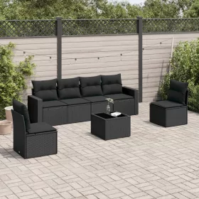    7 részes fekete polyrattan kerti ülőgarnitúra párnával