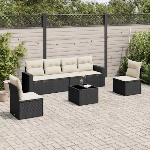  7 részes fekete polyrattan kerti ülőgarnitúra párnával