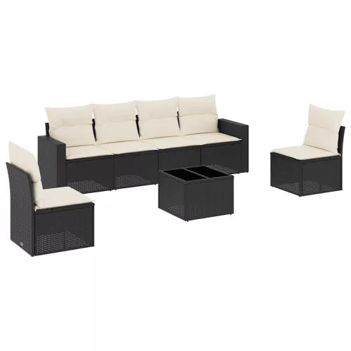 7 részes fekete polyrattan kerti ülőgarnitúra párnával