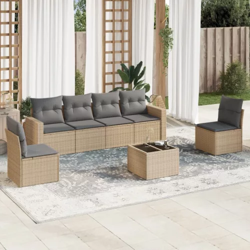  7 részes bézs polyrattan kerti ülőgarnitúra párnákkal