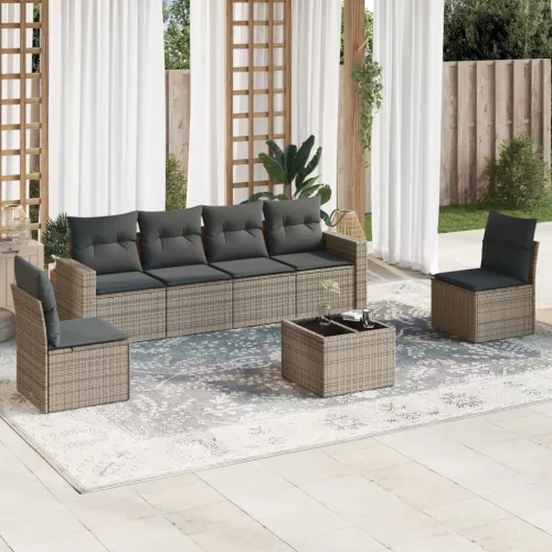  7 részes szürke polyrattan kerti ülőgarnitúra párnákkal