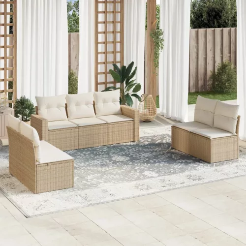  7 részes bézs polyrattan kerti ülőgarnitúra párnákkal