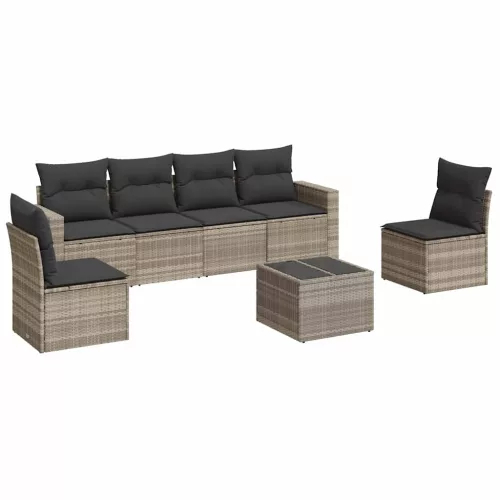  7 részes világosszürke polyrattan kerti ülőgarnitúra párnákkal