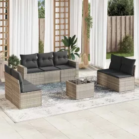    8 részes világosszürke polyrattan kerti ülőgarnitúra párnával