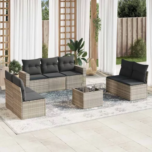  8 részes világosszürke polyrattan kerti ülőgarnitúra párnával