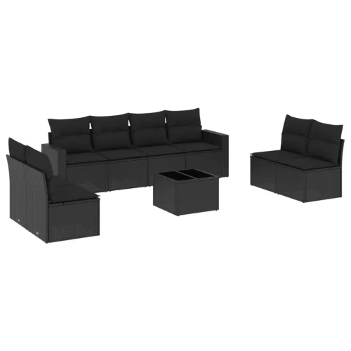  9 részes fekete polyrattan kerti ülőgarnitúra párnákkal
