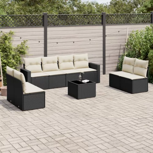  9 részes fekete polyrattan kerti ülőgarnitúra párnákkal