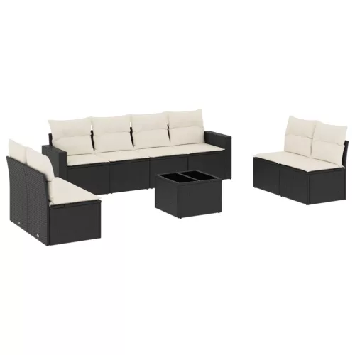  9 részes fekete polyrattan kerti ülőgarnitúra párnákkal