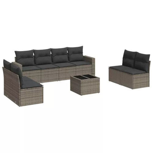  9 részes szürke polyrattan kerti ülőgarnitúra párnákkal