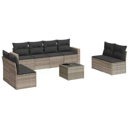  9 részes világosszürke polyrattan kerti ülőgarnitúra párnával