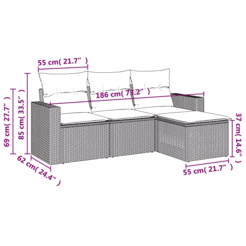  4 részes fekete polyrattan kerti ülőgarnitúra párnákkal