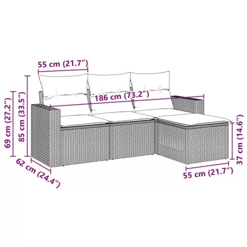  4 részes fekete polyrattan kerti ülőgarnitúra párnákkal