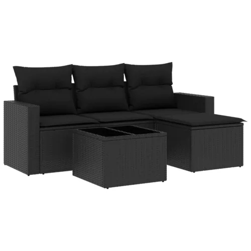  5 részes fekete polyrattan kerti kanapészett párnákkal