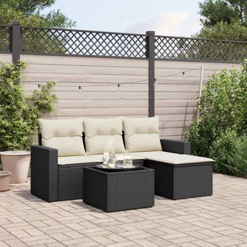  5 részes fekete polyrattan kerti kanapészett párnákkal