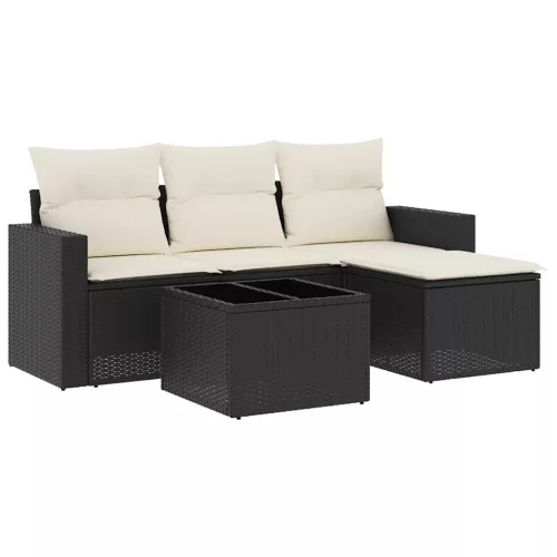 5 részes fekete polyrattan kerti kanapészett párnákkal