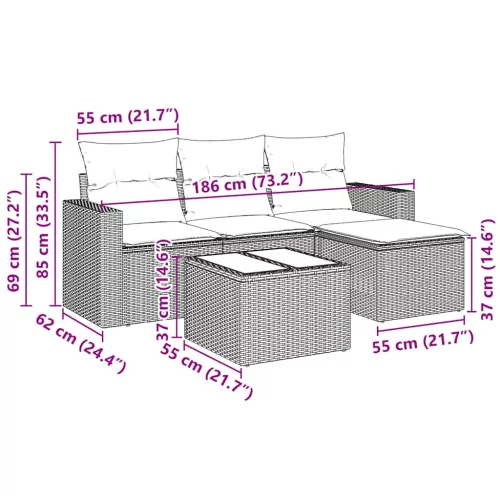  5 részes fekete polyrattan kerti kanapészett párnákkal