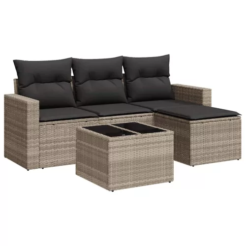  5 részes világosszürke polyrattan kerti ülőgarnitúra párnákkal