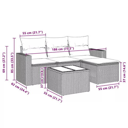  5 részes világosszürke polyrattan kerti ülőgarnitúra párnákkal