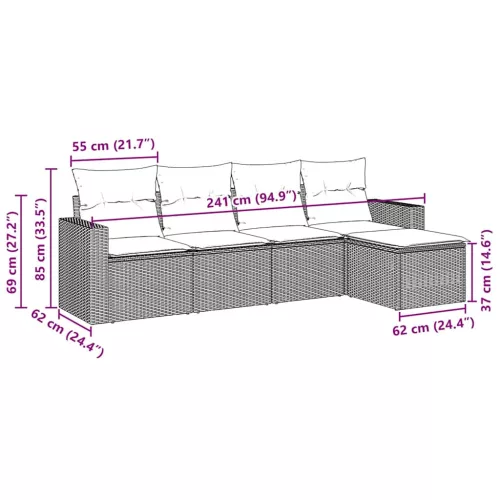  5 részes fekete polyrattan kerti kanapészett párnákkal
