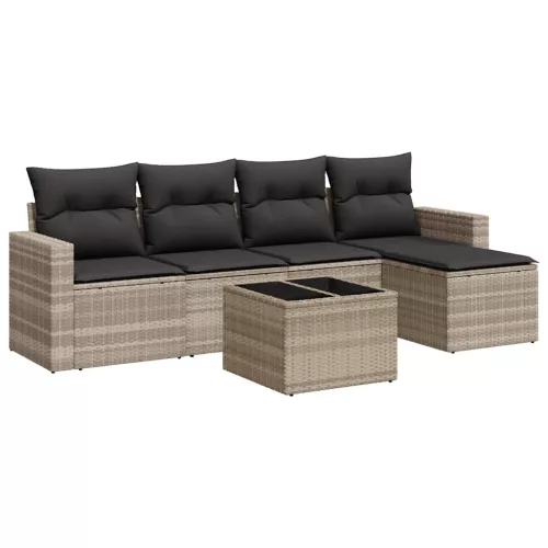  6 részes világosszürke polyrattan kerti ülőgarnitúra párnákkal