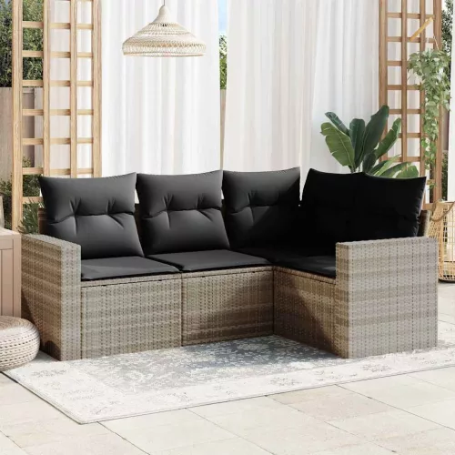  4 részes világosszürke polyrattan kerti ülőgarnitúra párnákkal