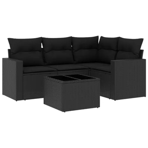  5 részes fekete polyrattan kerti kanapészett párnákkal