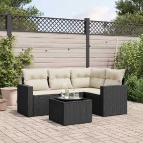  5 részes fekete polyrattan kerti kanapészett párnákkal