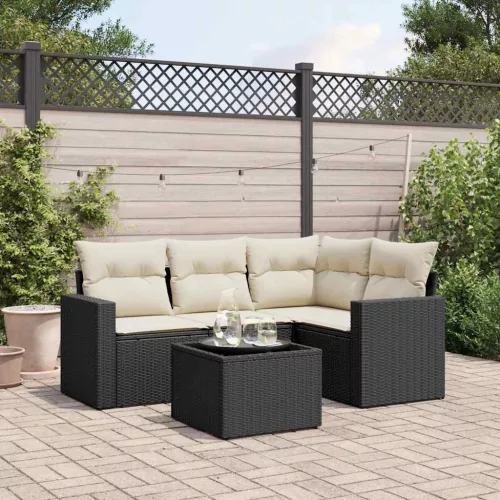  5 részes fekete polyrattan kerti kanapészett párnákkal