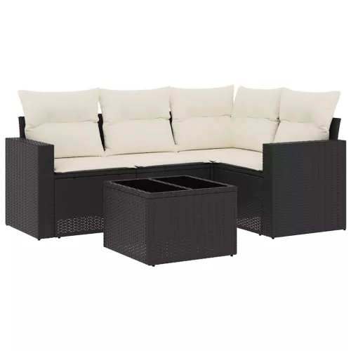  5 részes fekete polyrattan kerti kanapészett párnákkal