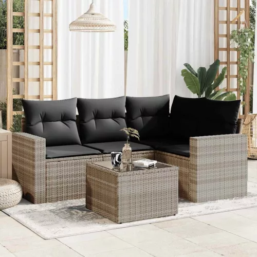  5 részes világosszürke polyrattan kerti ülőgarnitúra párnákkal