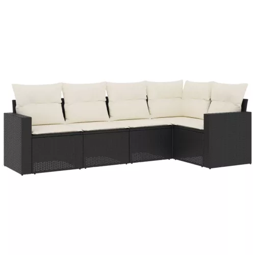  5 részes fekete polyrattan kerti kanapészett párnákkal