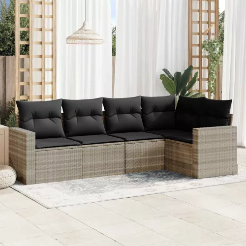  5 részes világosszürke polyrattan kerti ülőgarnitúra párnákkal