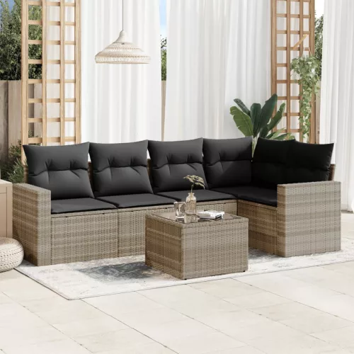  6 részes világosszürke polyrattan kerti ülőgarnitúra párnákkal