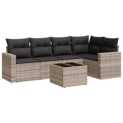 6 részes világosszürke polyrattan kerti ülőgarnitúra párnákkal