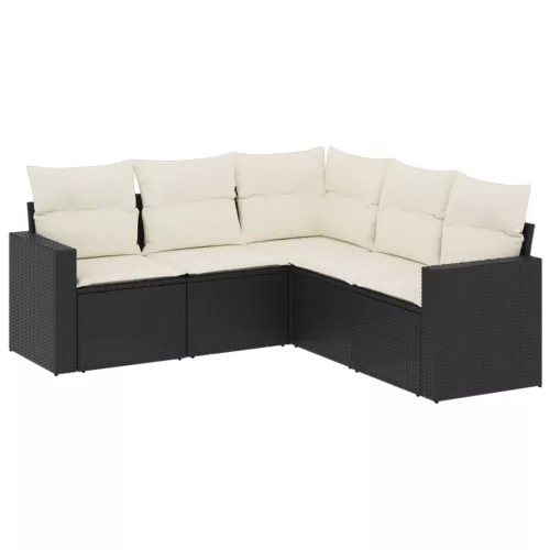  5 részes fekete polyrattan kerti kanapészett párnákkal