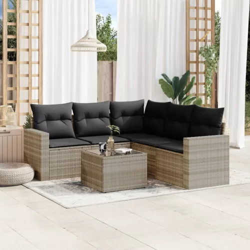 6 részes világosszürke polyrattan kerti ülőgarnitúra párnákkal