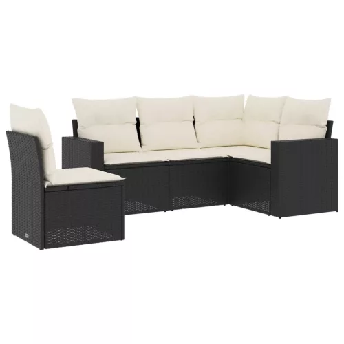  5 részes fekete polyrattan kerti kanapészett párnákkal