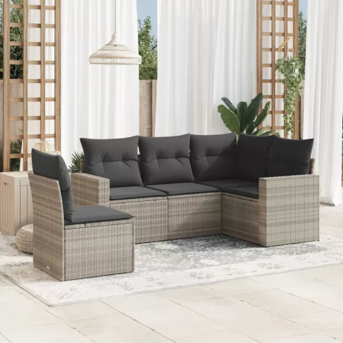  5 részes világosszürke polyrattan kerti ülőgarnitúra párnákkal