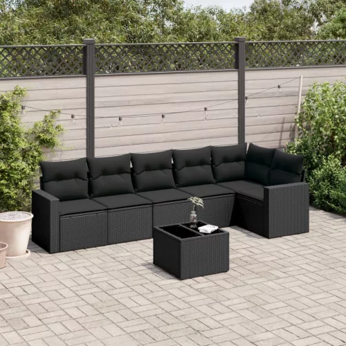  7 részes fekete polyrattan kerti ülőgarnitúra párnával