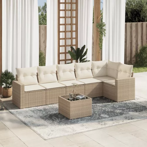  7 részes bézs polyrattan kerti ülőgarnitúra párnákkal