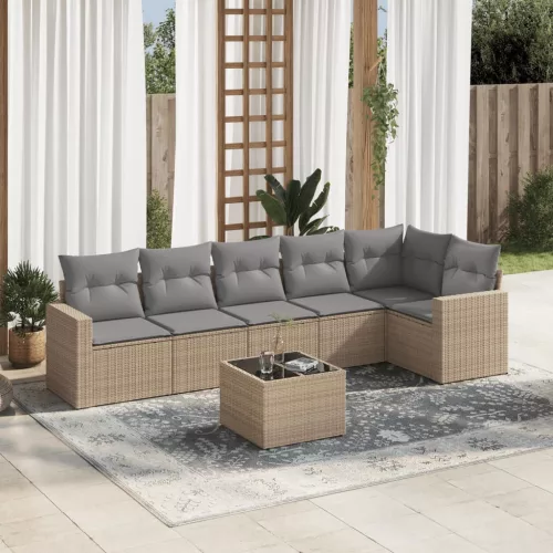  7 részes bézs polyrattan kerti ülőgarnitúra párnákkal