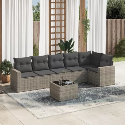  7 részes szürke polyrattan kerti ülőgarnitúra párnákkal