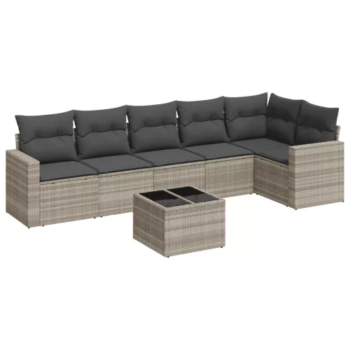  7 részes világosszürke polyrattan kerti ülőgarnitúra párnákkal